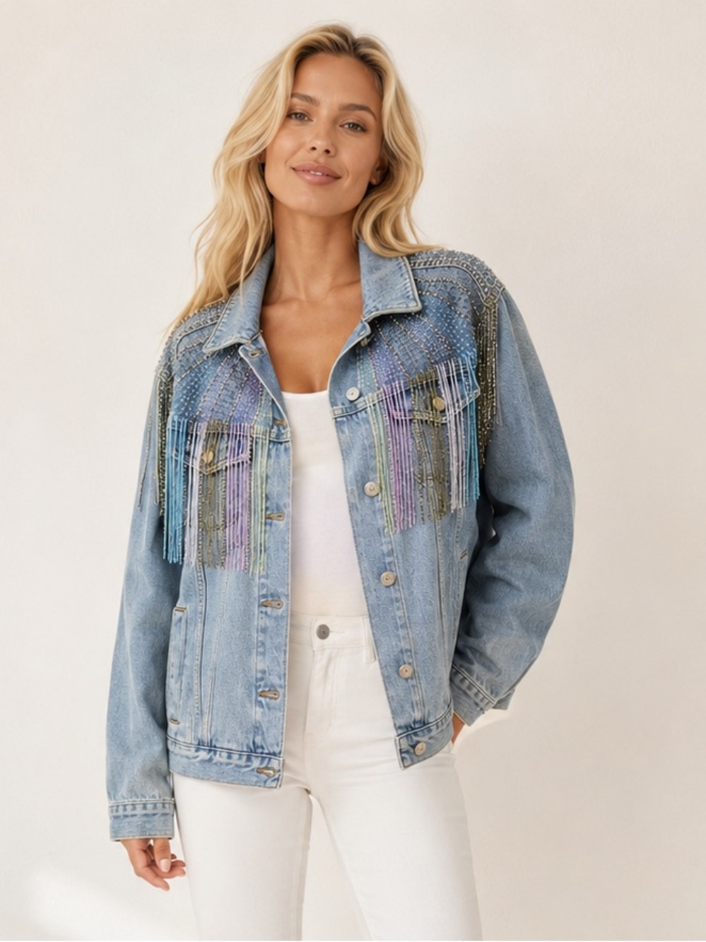 Topshop Dolly Sequin Fringe Denim Jacket, US 6, MADE IN TURKEY